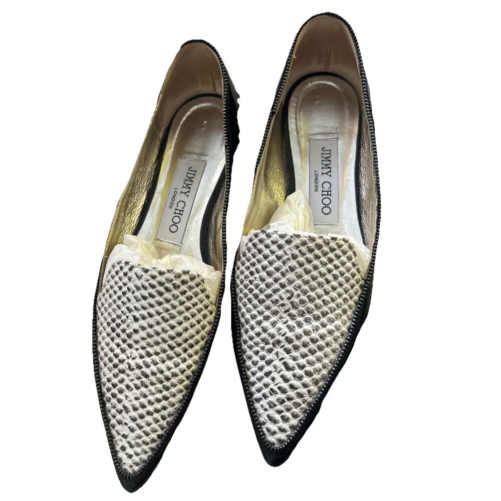 Jimmy Choo 34.5 Black White Snakeskin Patent Leather Flats